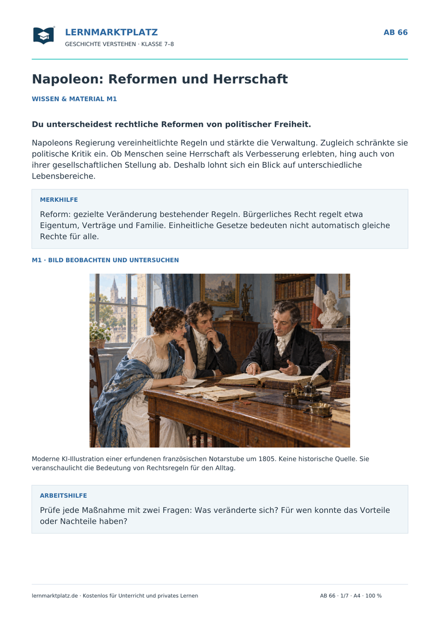 Vorschau: Napoleon: Reformen und Herrschaft – Geschichte-Arbeitsblatt Klasse 7–8