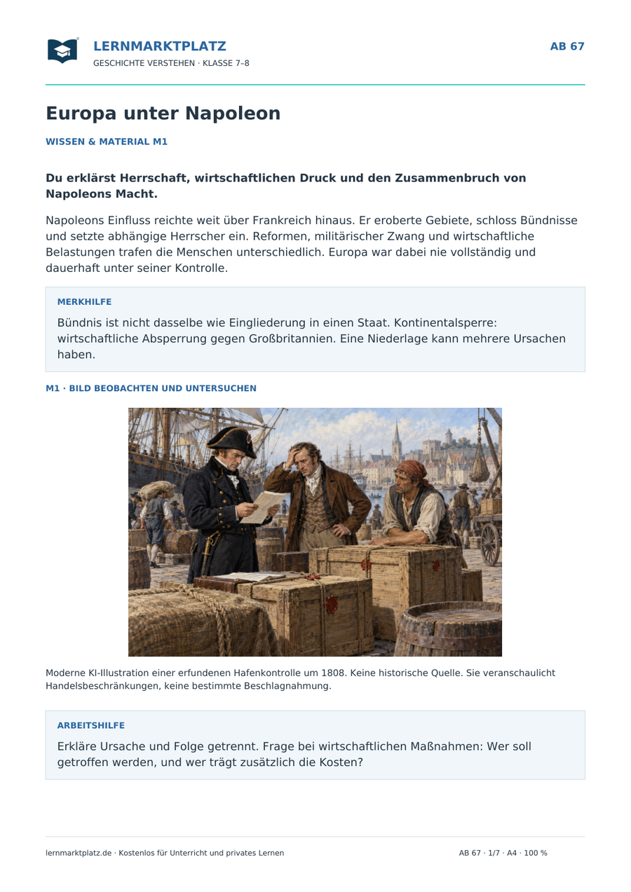 Vorschau: Europa unter Napoleon – Geschichte-Arbeitsblatt Klasse 7–8