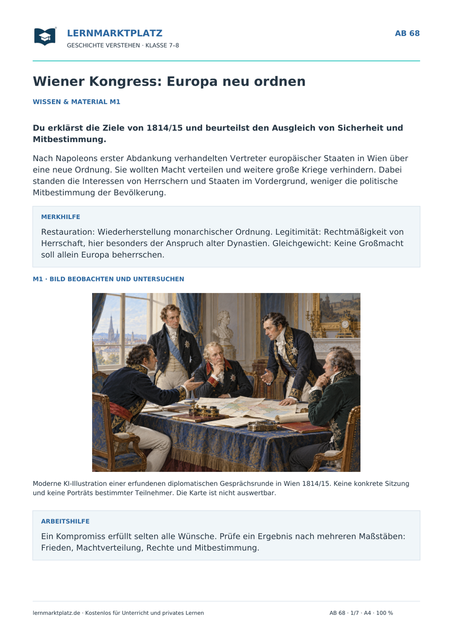 Vorschau: Wiener Kongress: Europa neu ordnen – Geschichte-Arbeitsblatt Klasse 7–8