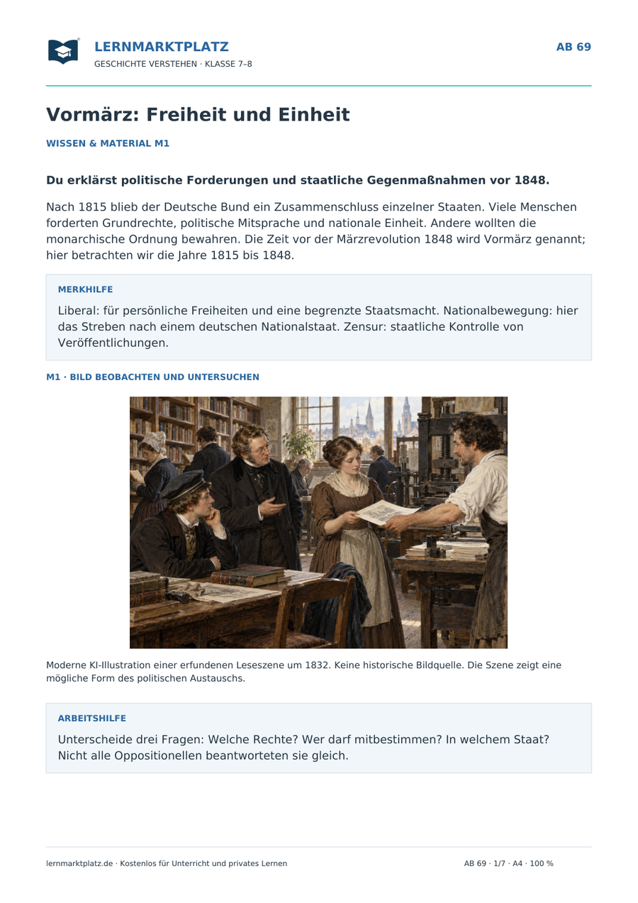 Vormärz: Freiheit und Einheit – erste Seite des Arbeitsblatts mit historischer Illustration