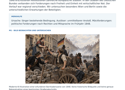1848: Die Märzrevolution – erste Seite des Arbeitsblatts mit historischer Illustration