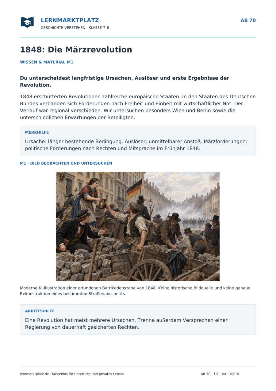 1848: Die Märzrevolution – erste Seite des Arbeitsblatts mit historischer Illustration