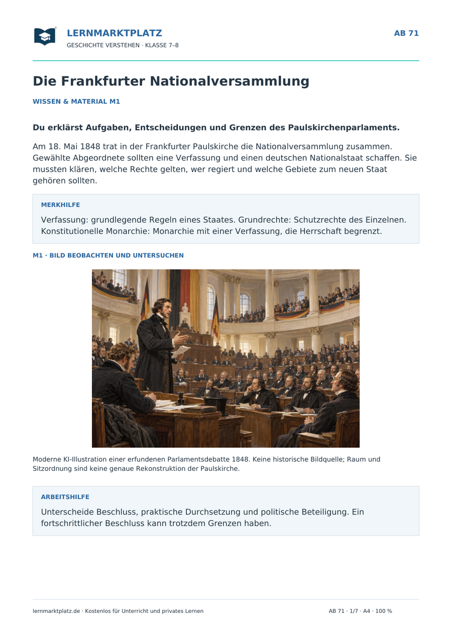 Die Frankfurter Nationalversammlung – erste Seite des Arbeitsblatts mit historischer Illustration
