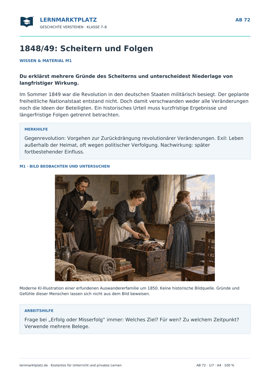 1848/49: Scheitern und Folgen – erste Seite des Arbeitsblatts mit historischer Illustration
