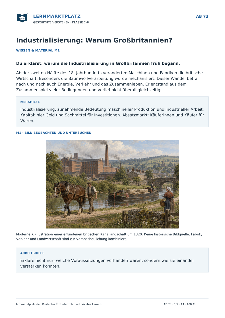 Industrialisierung: Warum Großbritannien? – Vorschau des Arbeitsblatts mit historischer Illustration