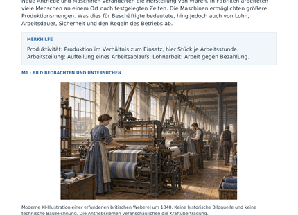 Dampfmaschine und Fabrikarbeit – Vorschau des Arbeitsblatts mit historischer Illustration