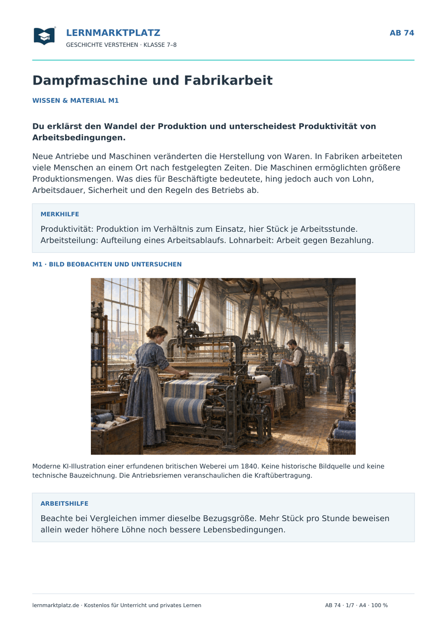 Dampfmaschine und Fabrikarbeit – Vorschau des Arbeitsblatts mit historischer Illustration