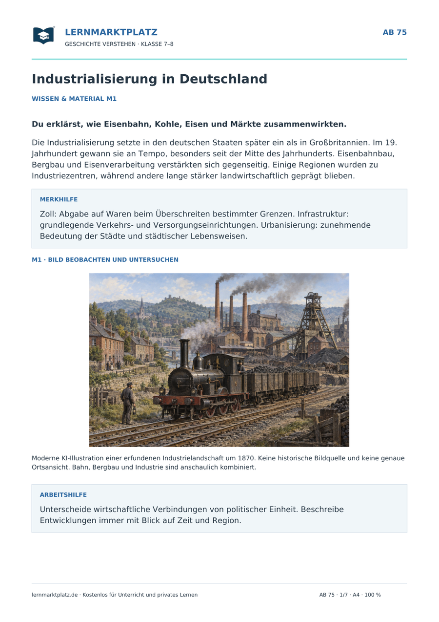 Industrialisierung in Deutschland – Vorschau des Arbeitsblatts mit historischer Illustration