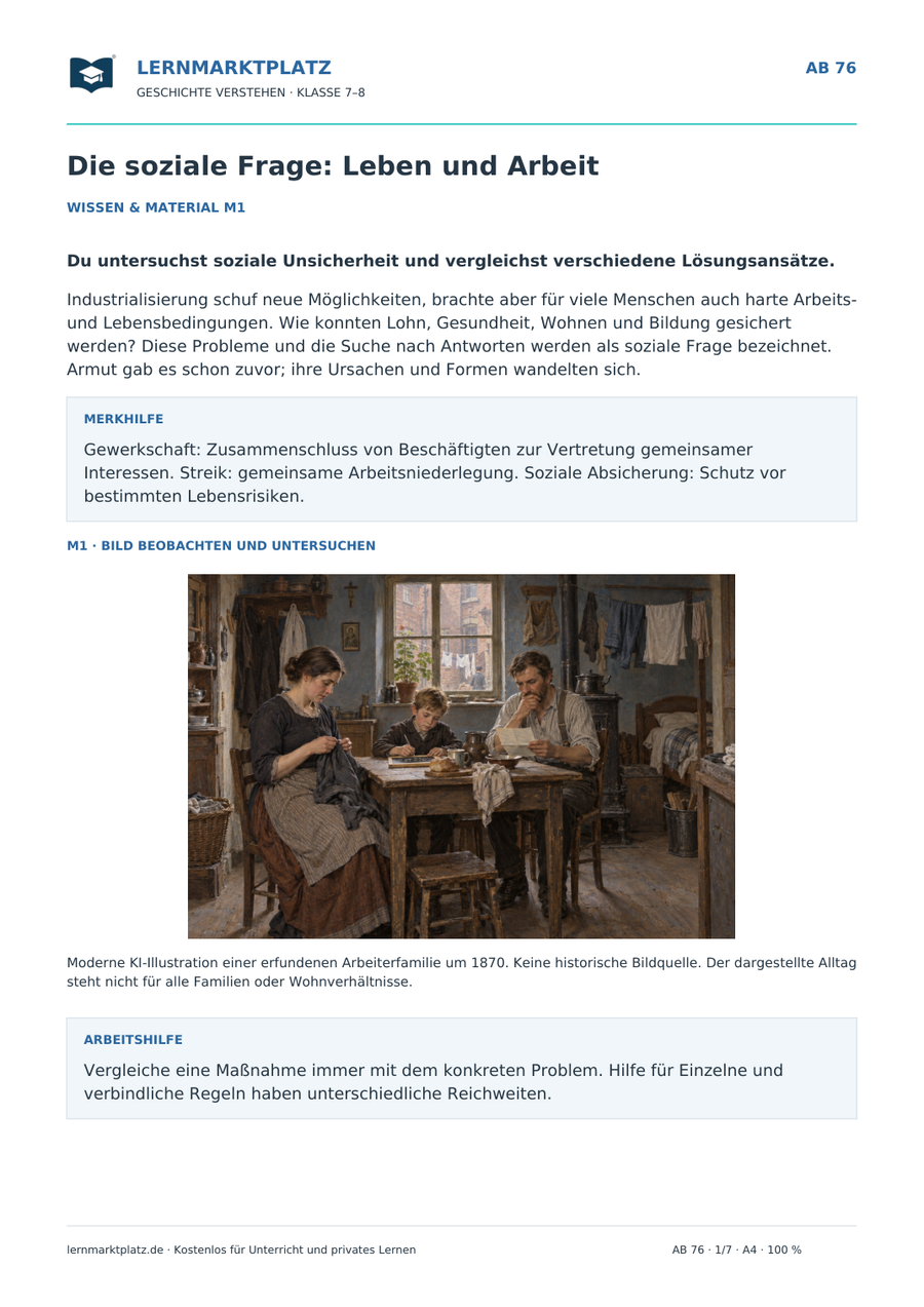 Die soziale Frage: Leben und Arbeit – Vorschau des Arbeitsblatts mit historischer Illustration