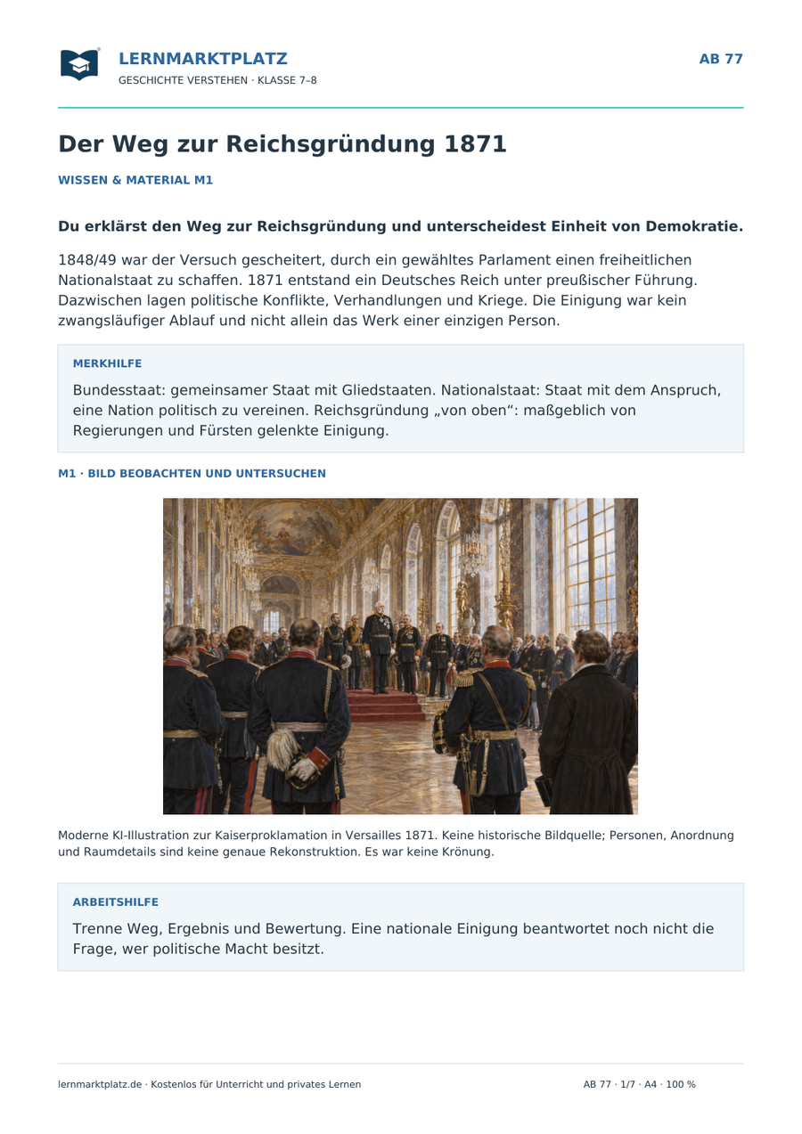 Der Weg zur Reichsgründung 1871 – erste Seite des Arbeitsblatts mit historischer Illustration