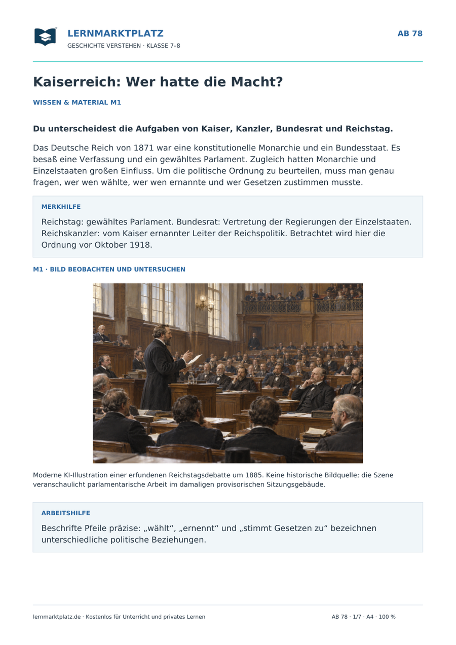 Kaiserreich: Wer hatte die Macht? – erste Seite des Arbeitsblatts mit historischer Illustration