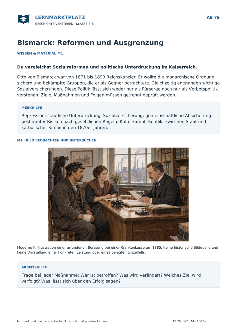 Bismarck: Reformen und Ausgrenzung – erste Seite des Arbeitsblatts mit historischer Illustration