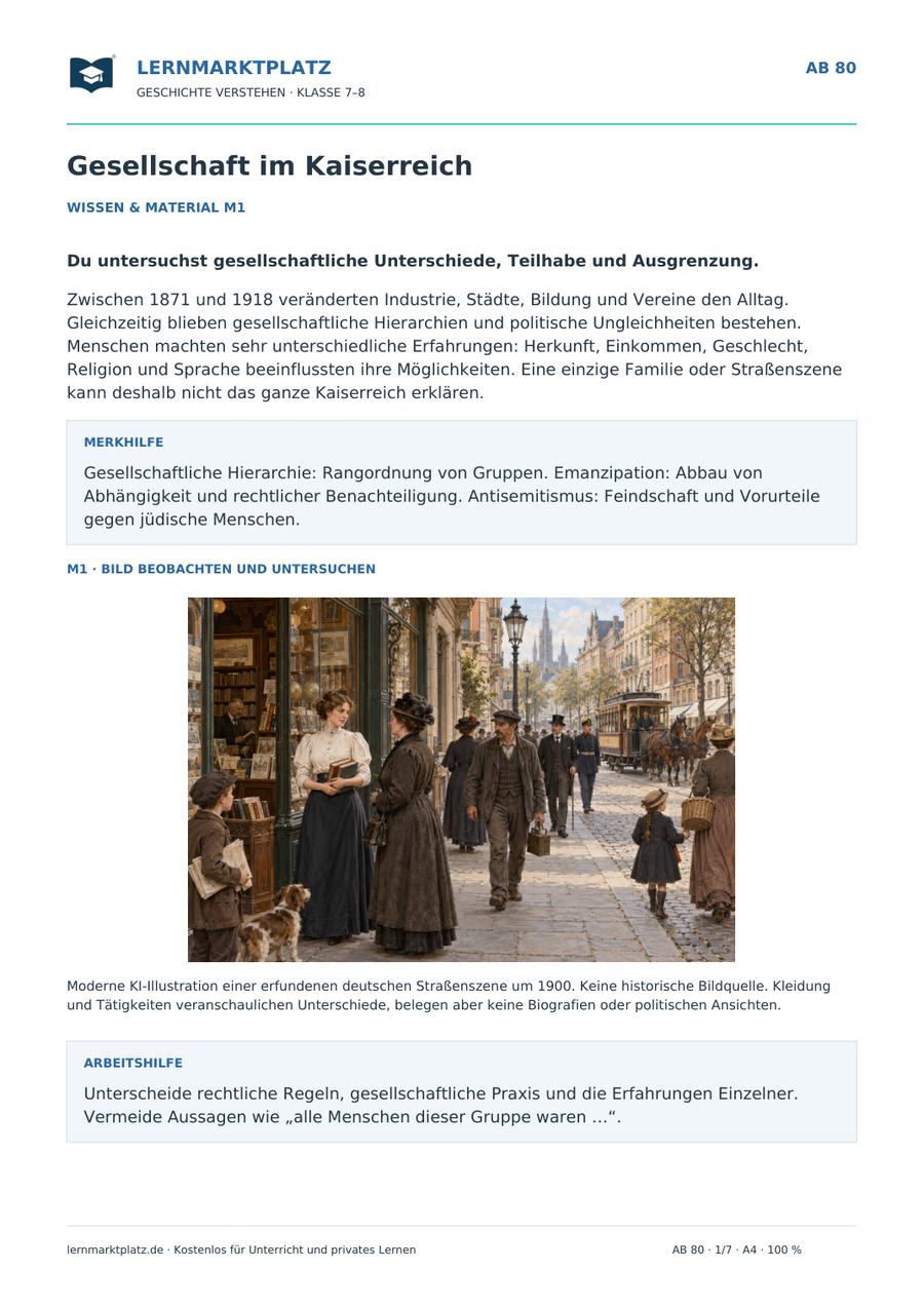 Gesellschaft im Kaiserreich – erste Seite des Arbeitsblatts mit historischer Illustration
