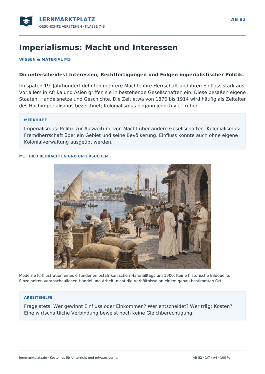 Vorschau: Imperialismus: Macht und Interessen – kostenloses Arbeitsblatt Geschichte Klasse 7–8 mit Lösungen