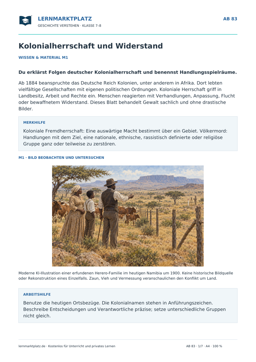 Vorschau: Kolonialherrschaft und Widerstand – kostenloses Arbeitsblatt Geschichte Klasse 7–8 mit Lösungen