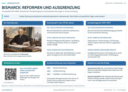Lernposter Bismarck: Reformen und Ausgrenzung im Lernmarktplatz-Design mit QR-Code zum Lernartikel – A4-Vorschau.