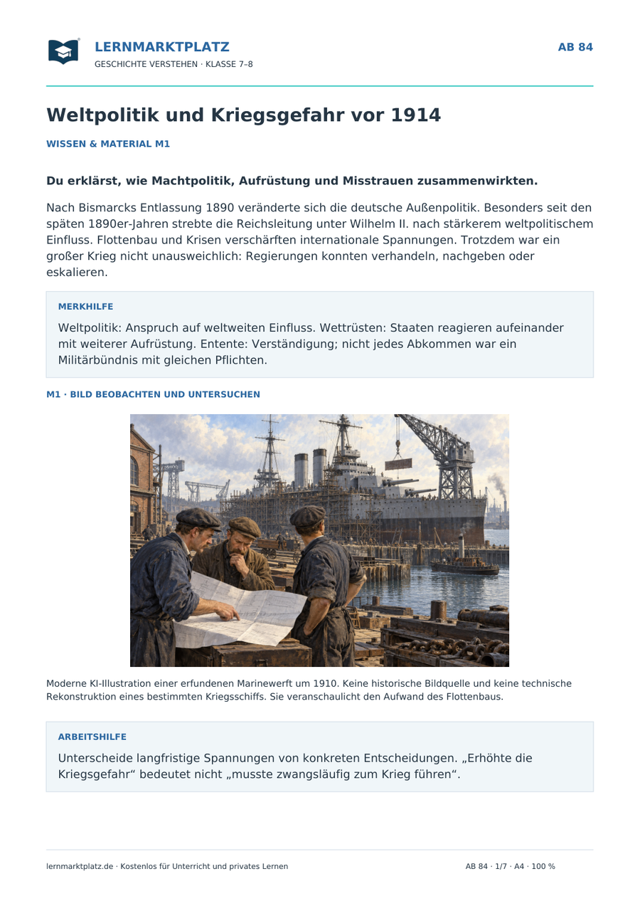 Vorschau: Weltpolitik und Kriegsgefahr vor 1914 – kostenloses Arbeitsblatt Geschichte Klasse 7–8 mit Lösungen