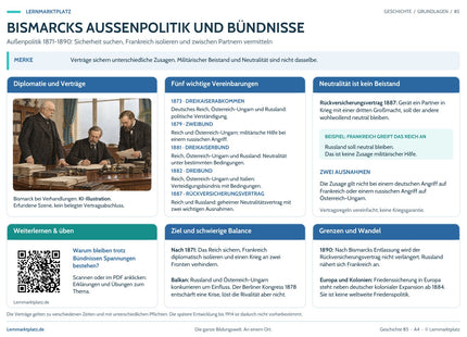 Lernposter Bismarcks Außenpolitik und Bündnisse im Lernmarktplatz-Design mit QR-Code zum Lernartikel – A4-Vorschau.