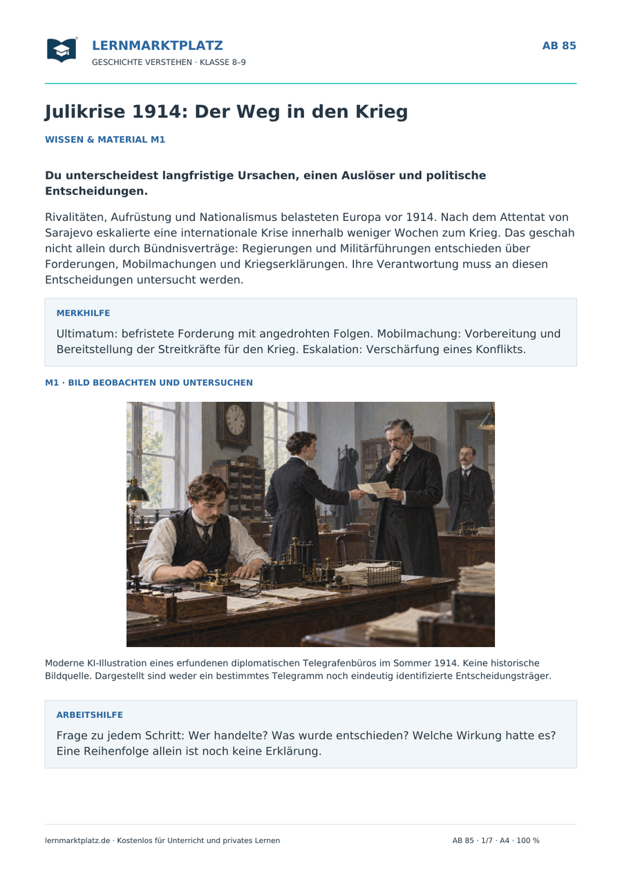 Vorschau: Julikrise 1914: Der Weg in den Krieg – Geschichte-Arbeitsblatt für Klasse 8–9 mit Lösungen