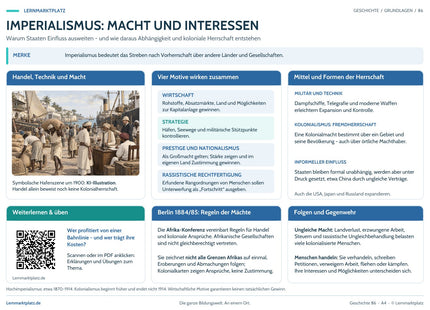 Lernposter Imperialismus: Macht und Interessen im Lernmarktplatz-Design mit QR-Code zum Lernartikel – A4-Vorschau.