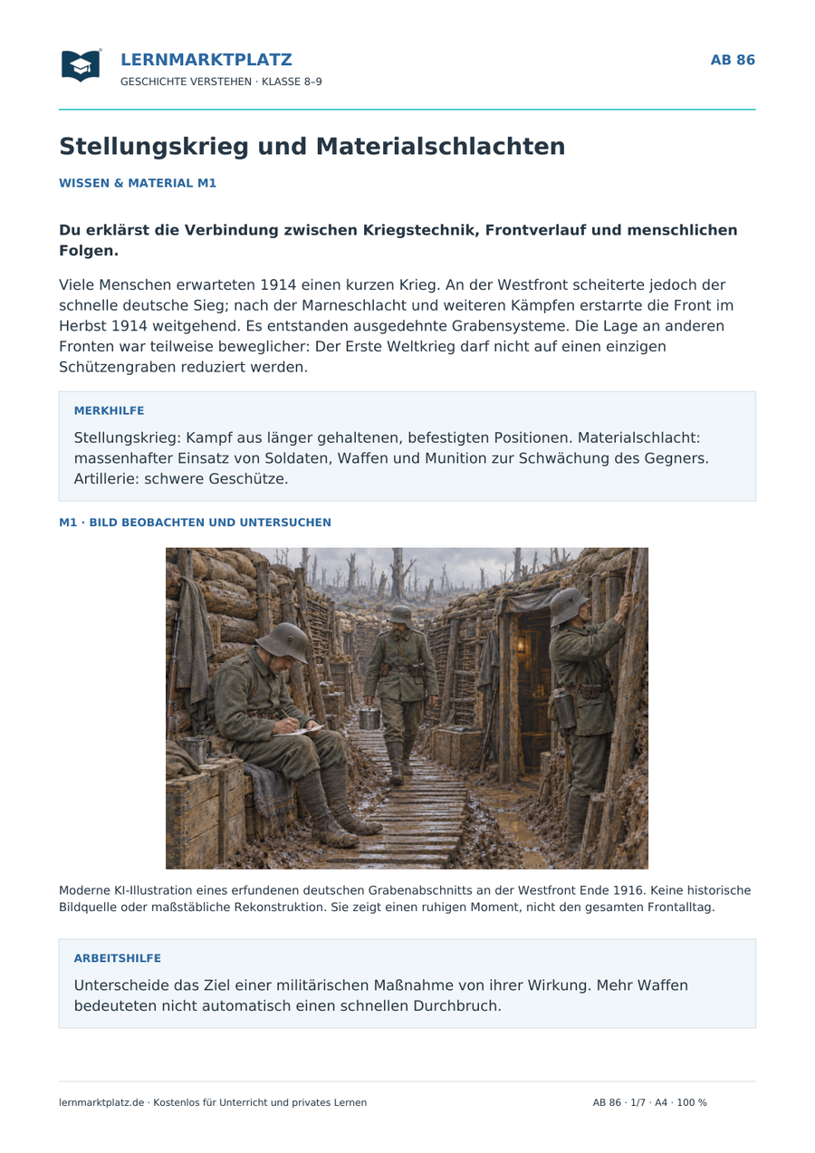 Vorschau: Stellungskrieg und Materialschlachten – Geschichte-Arbeitsblatt für Klasse 8–9 mit Lösungen