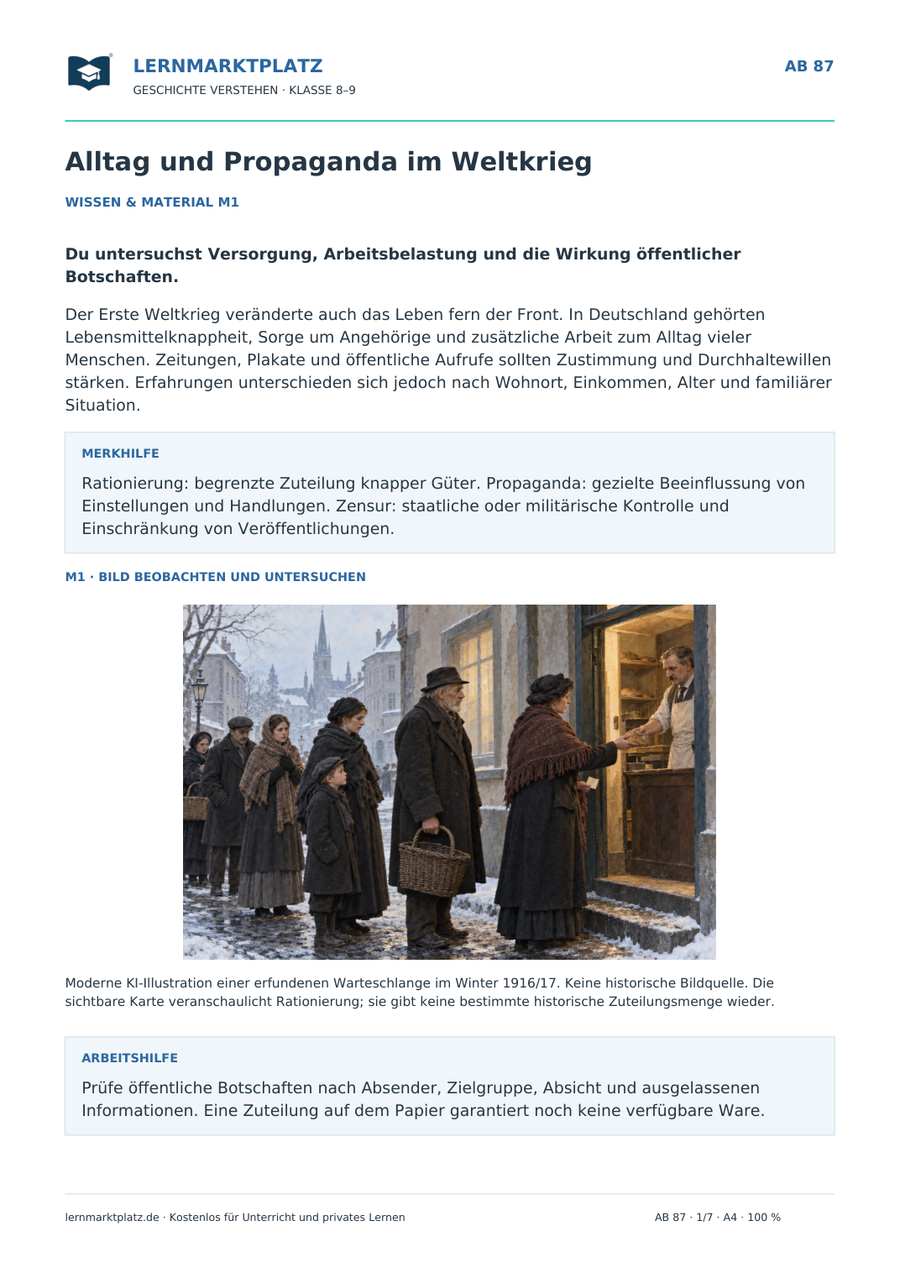 Vorschau: Alltag und Propaganda im Weltkrieg – Geschichte-Arbeitsblatt für Klasse 8–9 mit Lösungen