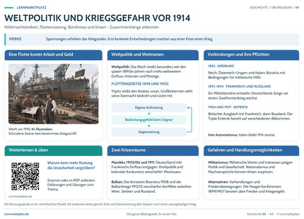 Lernposter Weltpolitik und Kriegsgefahr vor 1914 im Lernmarktplatz-Design mit QR-Code zum Lernartikel – A4-Vorschau.