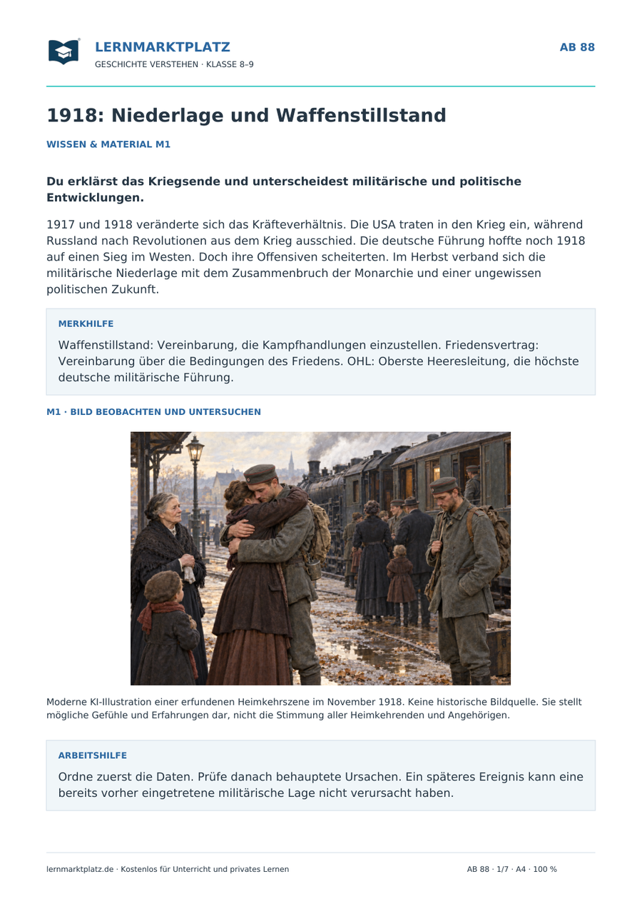 Vorschau: 1918: Niederlage und Waffenstillstand – Geschichte-Arbeitsblatt für Klasse 8–9 mit Lösungen