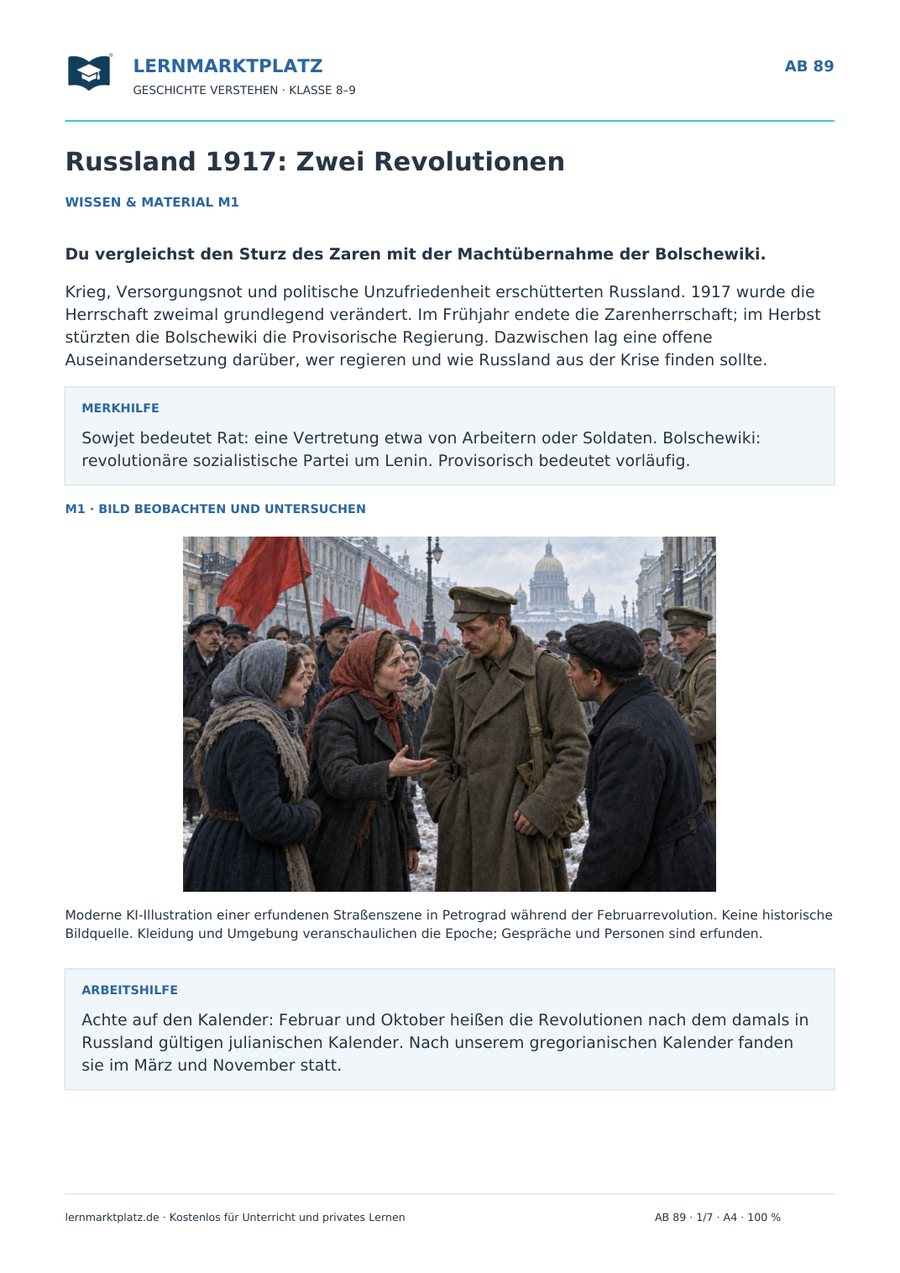 Vorschau: Russland 1917: Zwei Revolutionen – Geschichte-Arbeitsblatt für Klasse 8–9 mit Lösungen