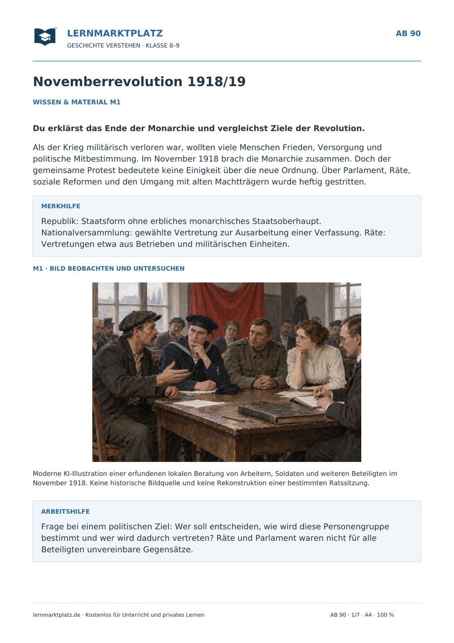 Vorschau: Novemberrevolution 1918/19 – Geschichte-Arbeitsblatt für Klasse 8–9 mit Lösungen