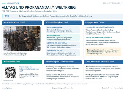 Lernposter: Alltag und Propaganda im Weltkrieg – Übersicht mit Illustration und QR-Code