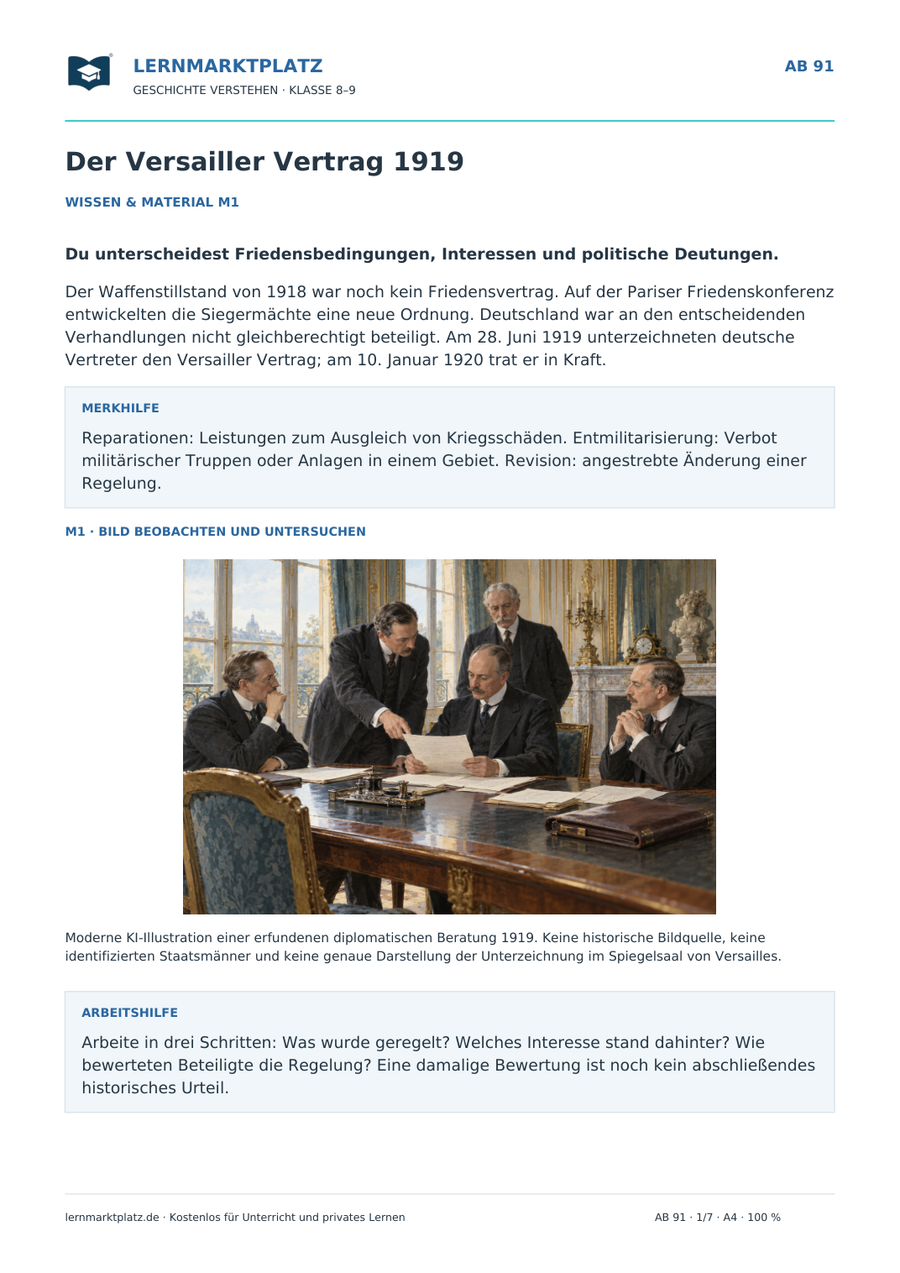 Vorschau: Der Versailler Vertrag 1919 – Geschichte-Arbeitsblatt für Klasse 8–9 mit Lösungen
