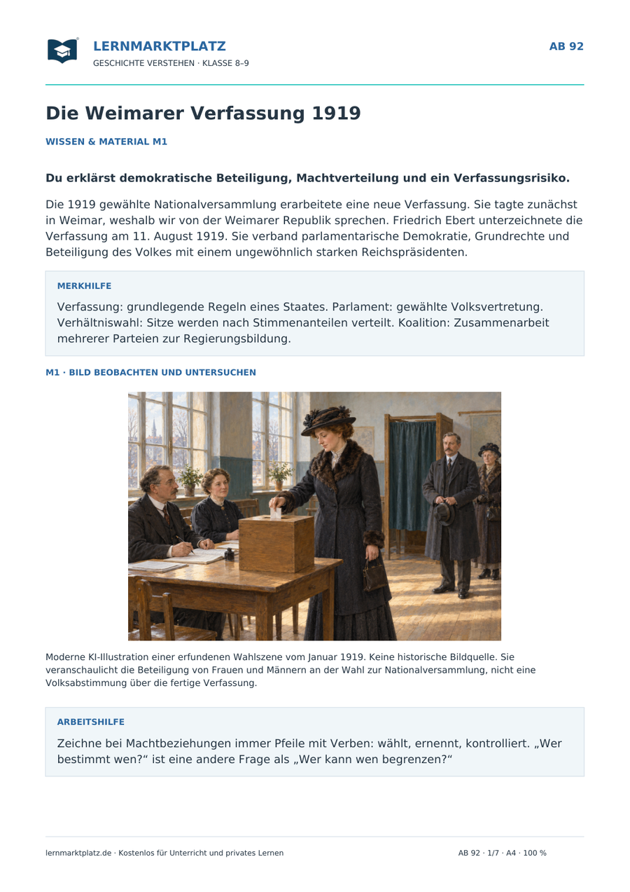 Vorschau: Die Weimarer Verfassung 1919 – Geschichte-Arbeitsblatt für Klasse 8–9 mit Lösungen