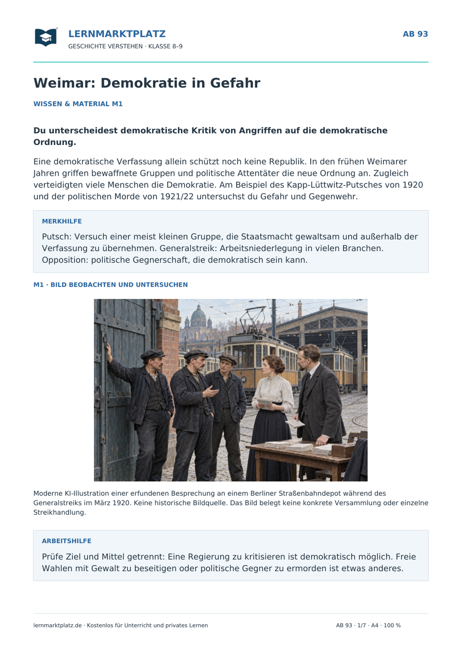 Vorschau: Weimar: Demokratie in Gefahr – Geschichte-Arbeitsblatt mit Lösungen für Klasse 8–9