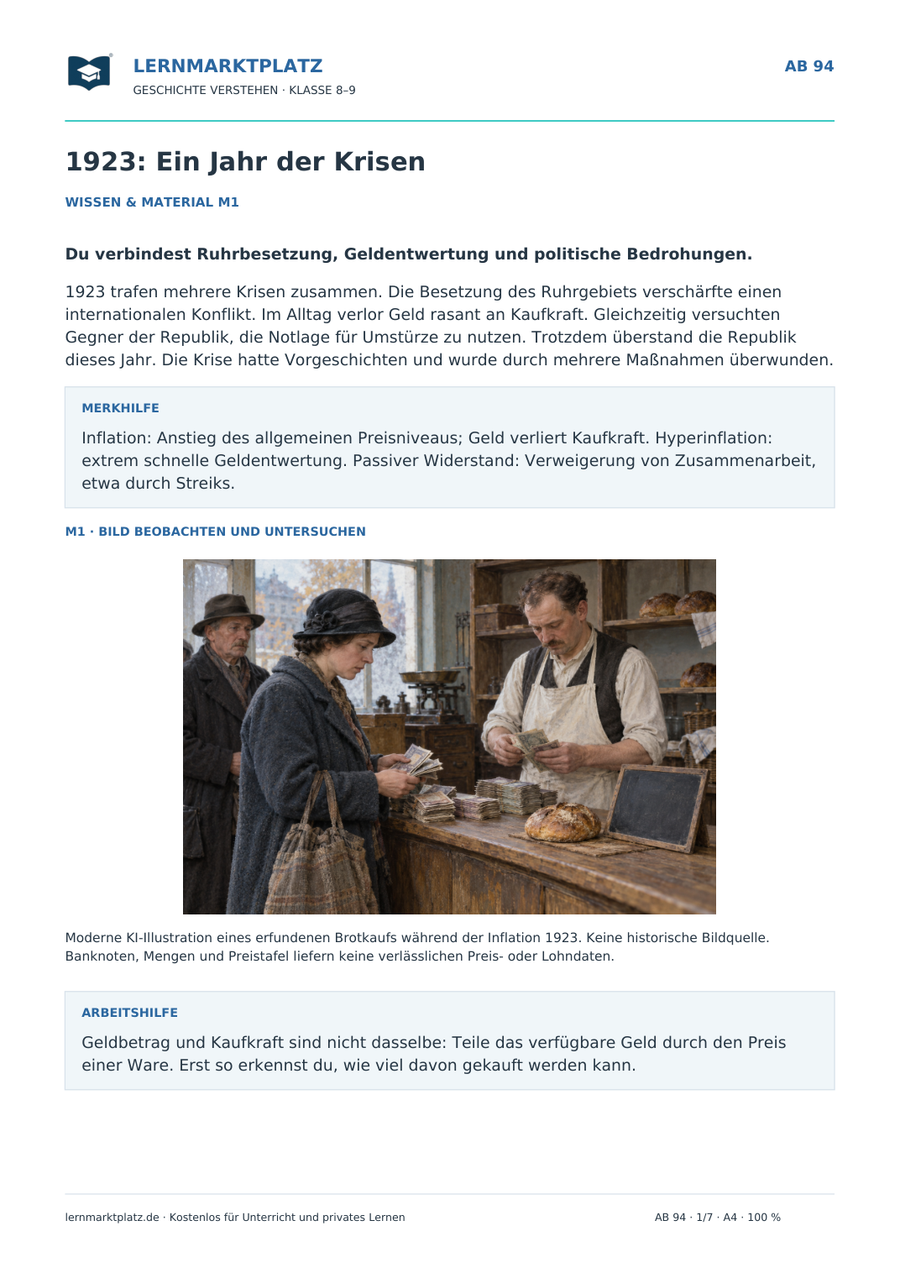 Vorschau: 1923: Ein Jahr der Krisen – Geschichte-Arbeitsblatt mit Lösungen für Klasse 8–9