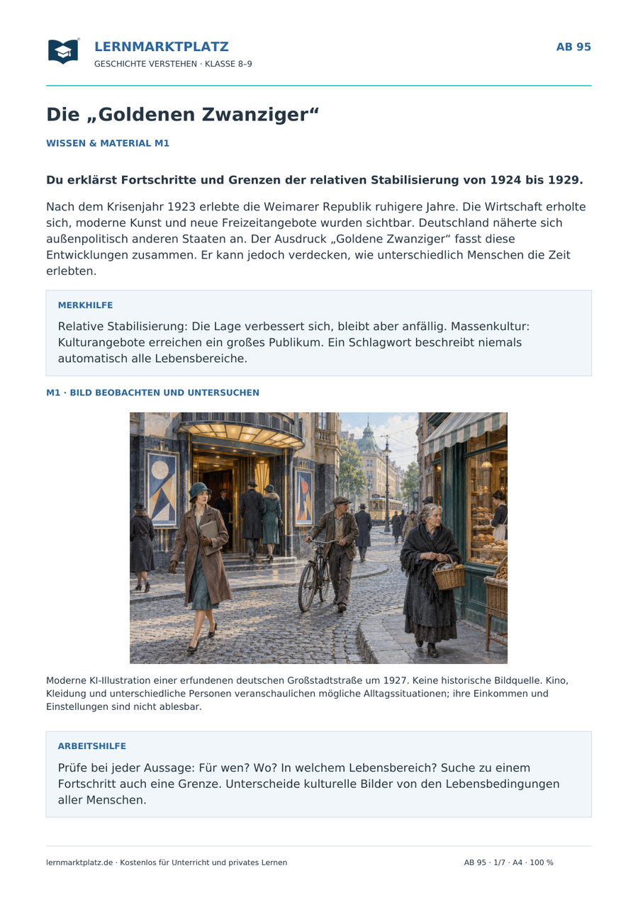 Vorschau: Die „Goldenen Zwanziger“ – Geschichte-Arbeitsblatt mit Lösungen für Klasse 8–9