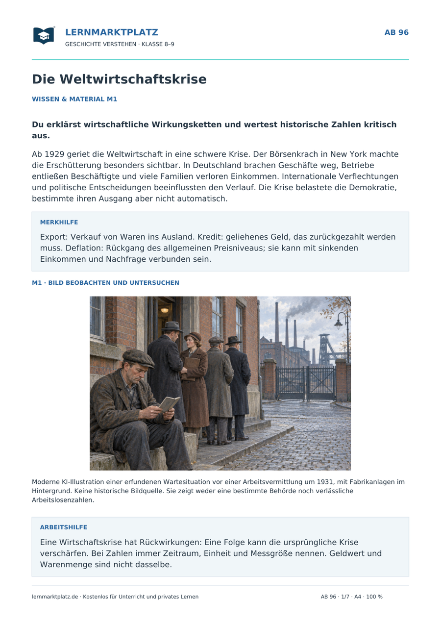 Vorschau: Die Weltwirtschaftskrise – Geschichte-Arbeitsblatt mit Lösungen für Klasse 8–9