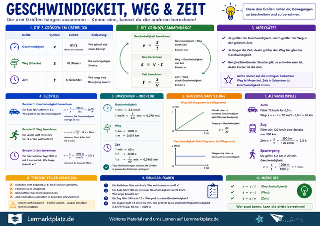 Geschwindigkeit, Weg & Zeit verstehen – Formel, Einheiten & Aufgaben lösen – Lernposter / Lernplakat als PDF