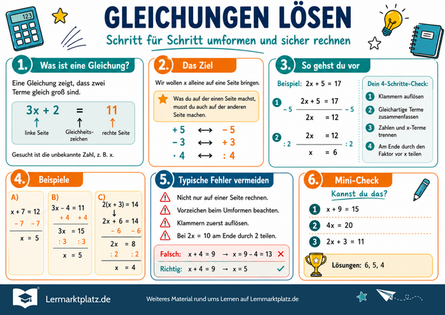 Gleichungen lösen – Lernposter / Lernplakat als PDF zum Ausdrucken