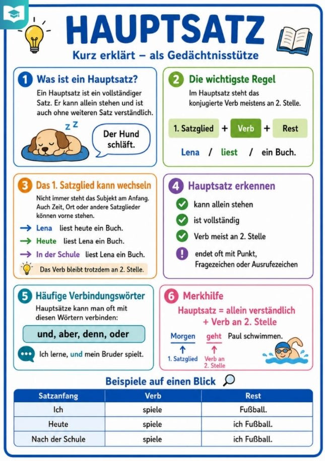 Hauptsatz – Deutsch-Lernkarte (kostenloses PDF)