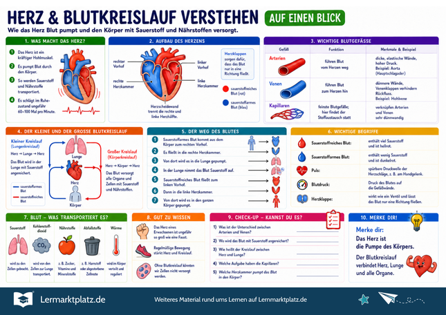 Herz & Blutkreislauf verstehen – Aufbau, Blutfluss & Kreislauf einfach erklärt – Lernposter / Lernplakat als PDF