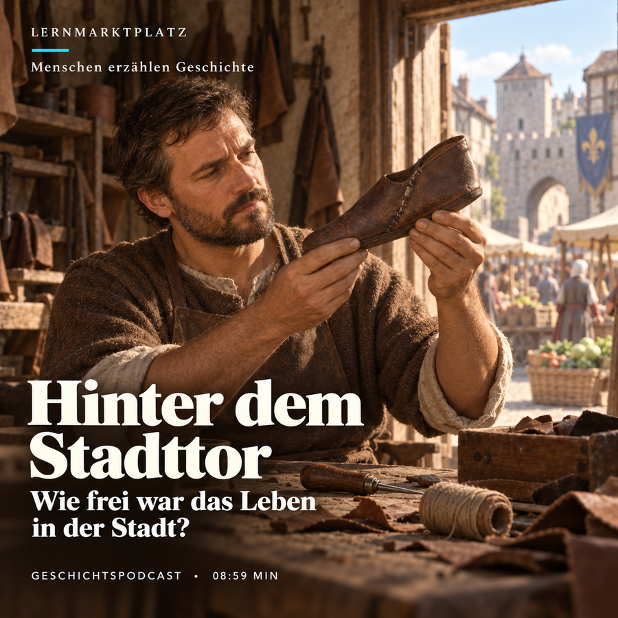 Hinter dem Stadttor – Schuhmacher Martin. KI-Illustration, keine historische Quelle.