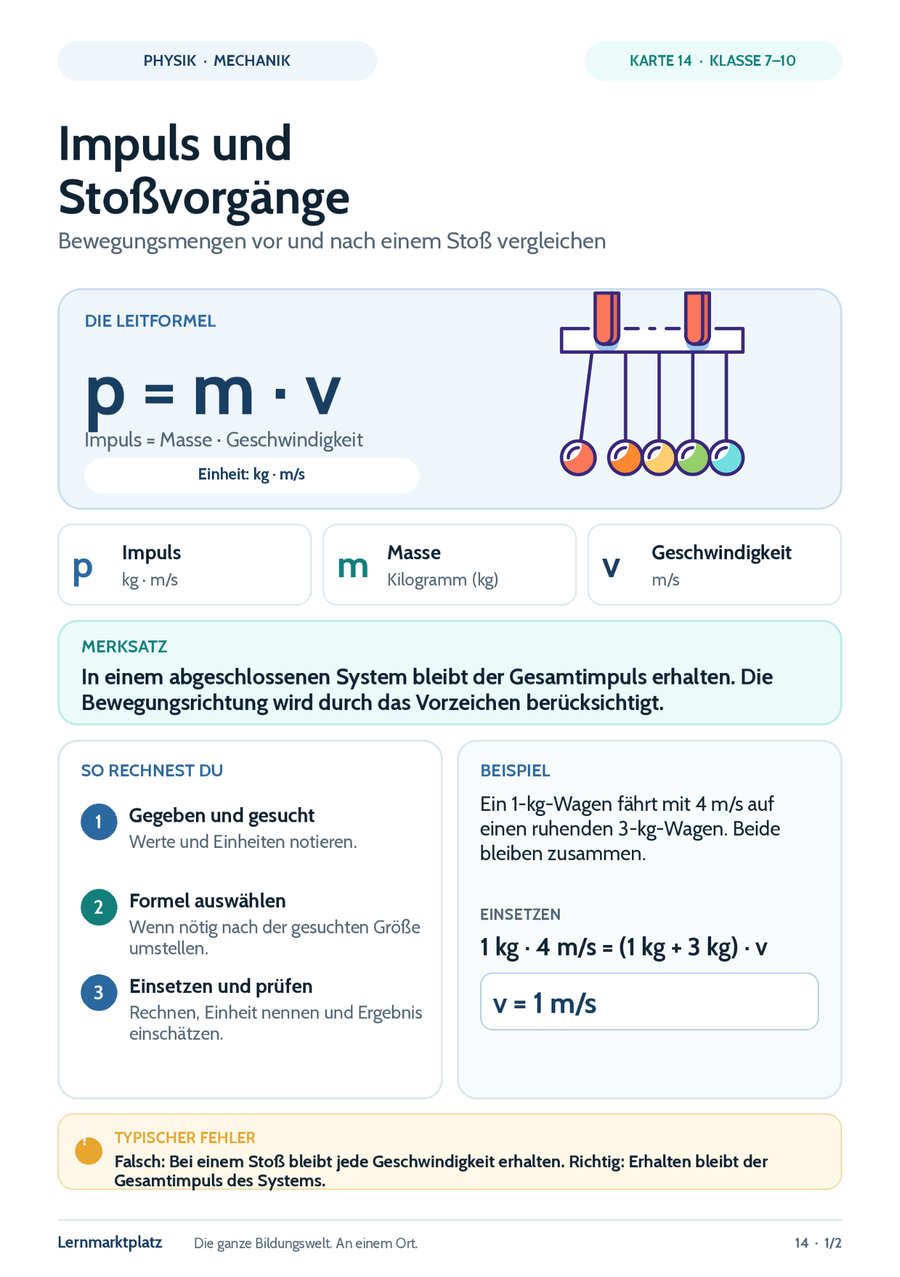 Impuls und Stoßvorgänge – Physik-Lernkarte (kostenloses PDF)
