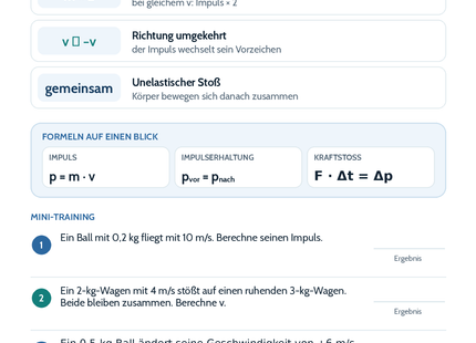Impuls und Stoßvorgänge – Physik-Lernkarte (kostenloses PDF)