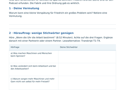 Originalvorschau A1: Einstieg und Hörauftrag zum Podcast Wenn die Uhr die Arbeit bestimmt mit QR-Code zur Erklärseite.