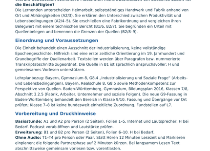 Originalvorschau der Lehrerfassung: Lernziele, Einordnung und Druckhinweise zur Unterrichtseinheit Industrialisierung.