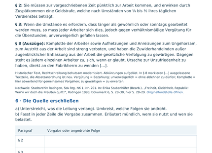 Originalvorschau B1: Quellenarbeit zur Cromforder Fabrikordnung von 1844 mit Auszügen, Einordnung und Arbeitsaufträgen.