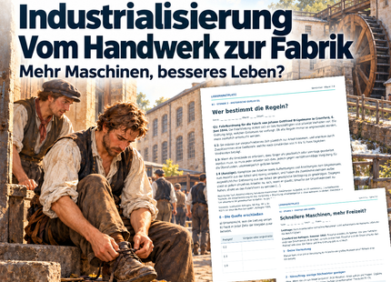 Industrialisierung – Vom Handwerk zur Fabrik: Unterrichtseinheit für Klasse 7–8 mit Quellenarbeit, Arbeitsblättern und Unterrichtsfolien. Moderne KI-Illustration mit echten Materialvorschauen.