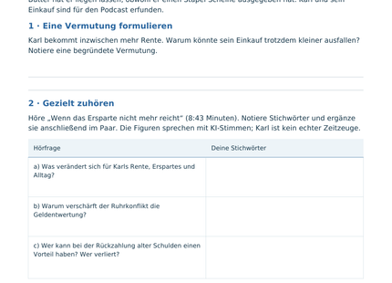 Originales Schülerblatt A1: Viele Scheine, wenig Einkauf – erfundene Einstiegsszene und drei Hörfragen zum Podcast über die Inflation 1923.