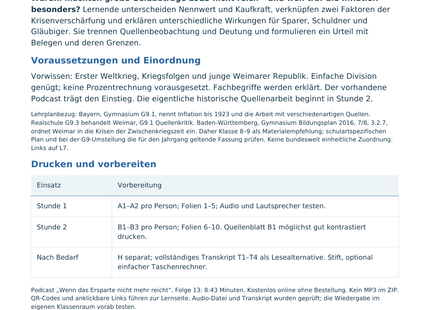 Originale Lehrerübersicht zur Unterrichtseinheit Inflation 1923: Leitfrage, Lernziele, Lehrplanbezug und Druckvorbereitung für Klasse 8–9.